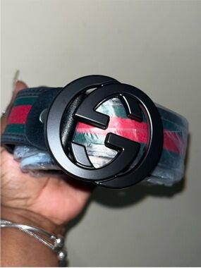 Men's Black Matte Double-G Buckle Webbing Belt - Green/Red Stripe